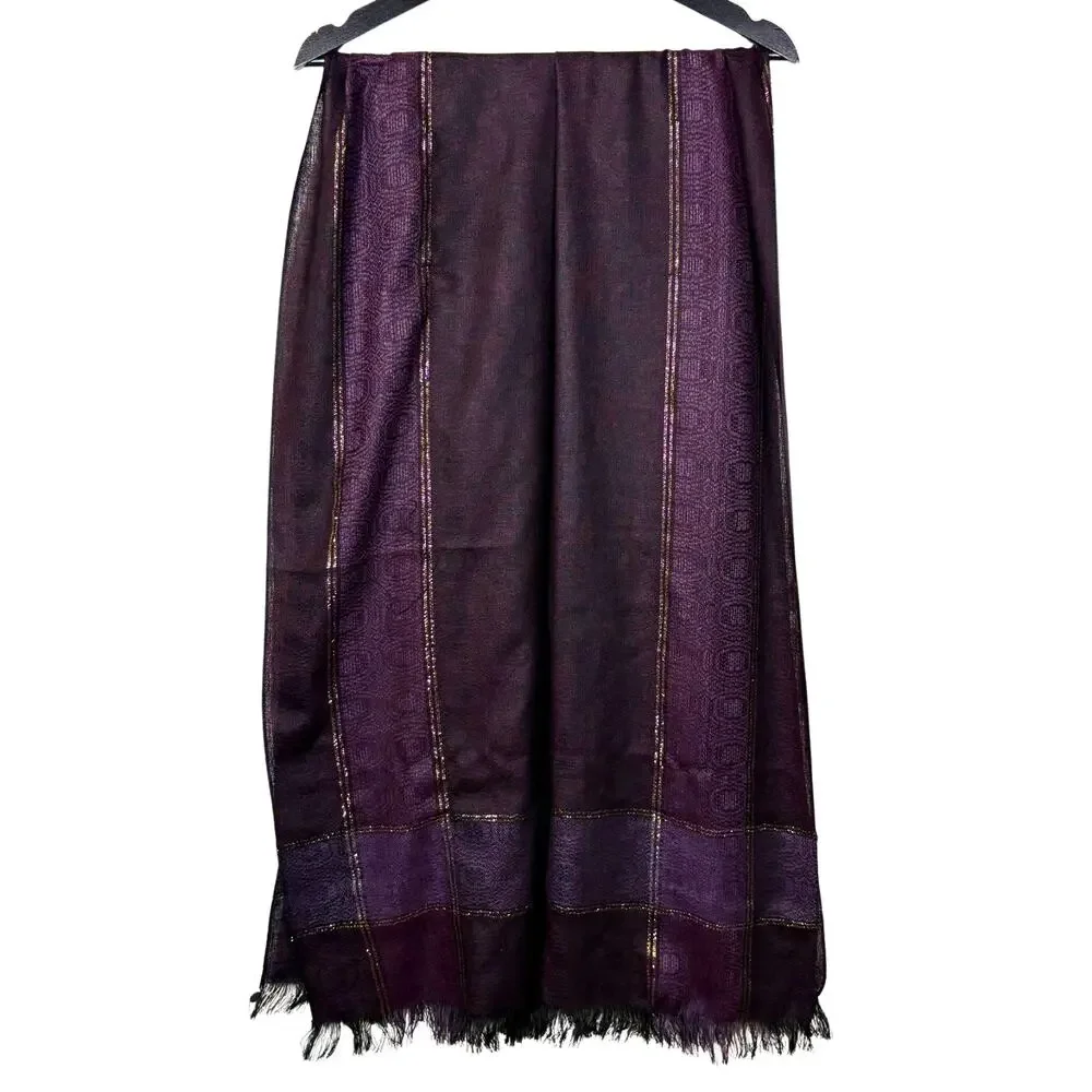 Purple Gold Woven Scarf Vintage Rectangle Scarf with Fringe Metallic 66 inch